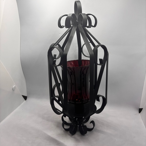 MCM-hanging metal scroll lantern with red glass votive holder-Spanish/goth/Vtg - Picture 3 of 11